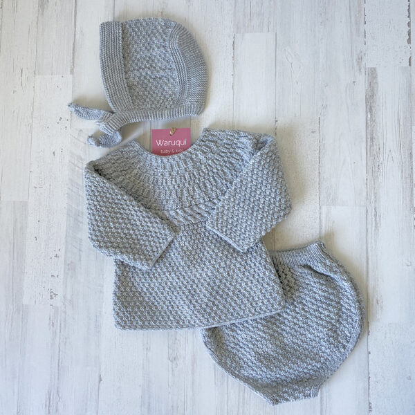 Conjunto de lana gris de jersey+cubrepañal+capota
